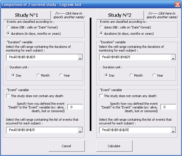 statel comparison survival curves logrank test excel