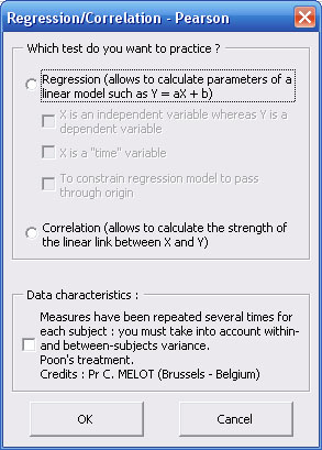 statel simple linear regression pearson correlation excel